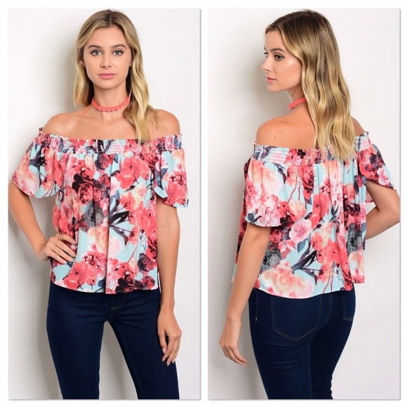 Lavender Moon Tops - Aqua and Coral Floral Off Shoulder Top